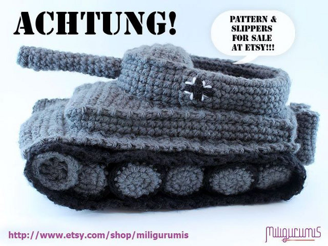 crocheted-slippers-panzer-tank