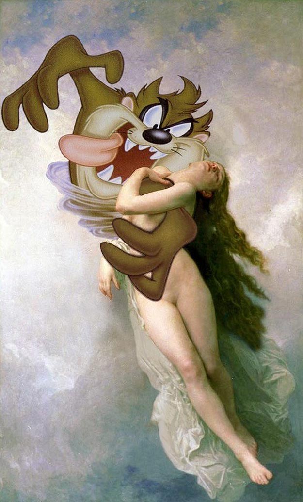 Tazmanian Devil and Naked Woman Cartoon Characters In Classic Paintings