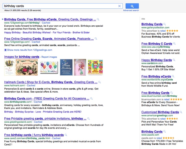 Birthday Cards PPC SEO Google Google Search Page Image