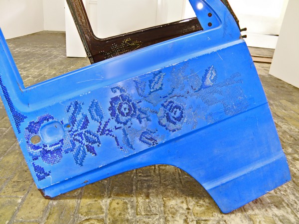 Embroided Car Door Art Installment Embroided Car Door Art Installment